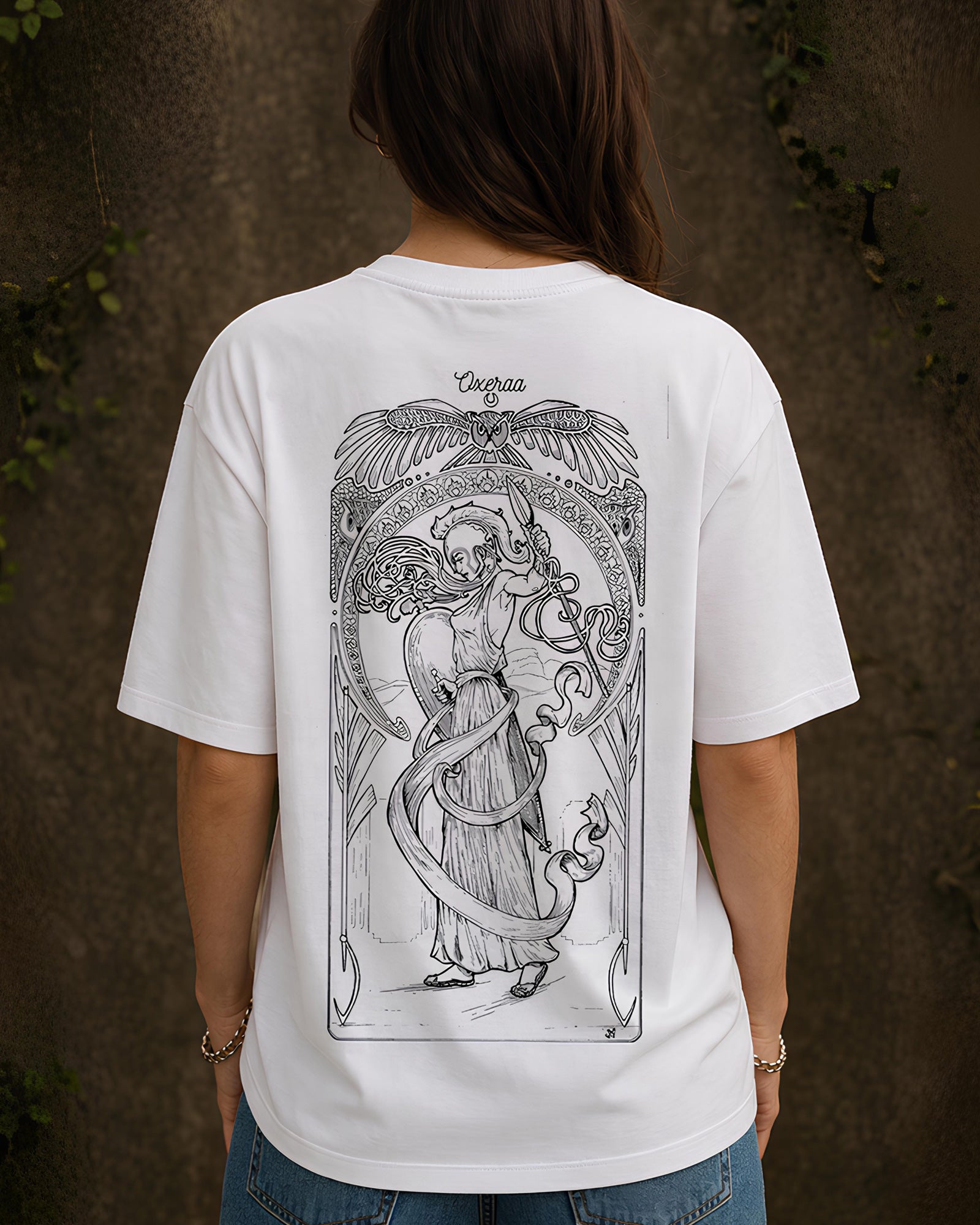 Celestial Guardian Aesthetic Print - Oversized T-Shirt for Women