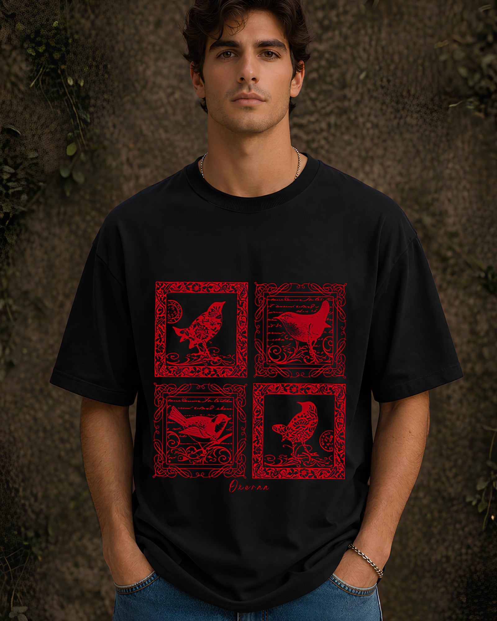 Feathered Frames Aesthetic Print - Oversized T-Shirt for Men