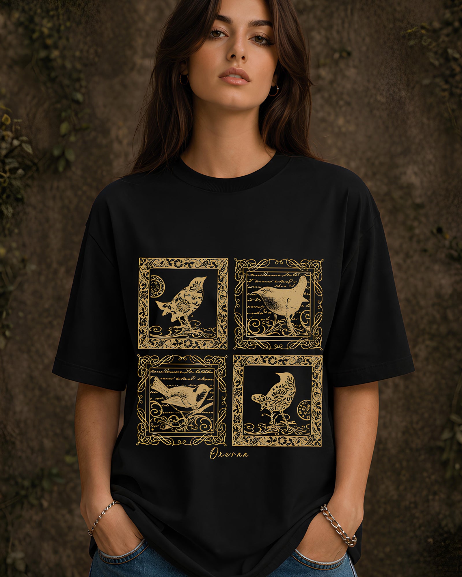 Feathered Frames Aesthetic Print - Oversized T-Shirt for Women