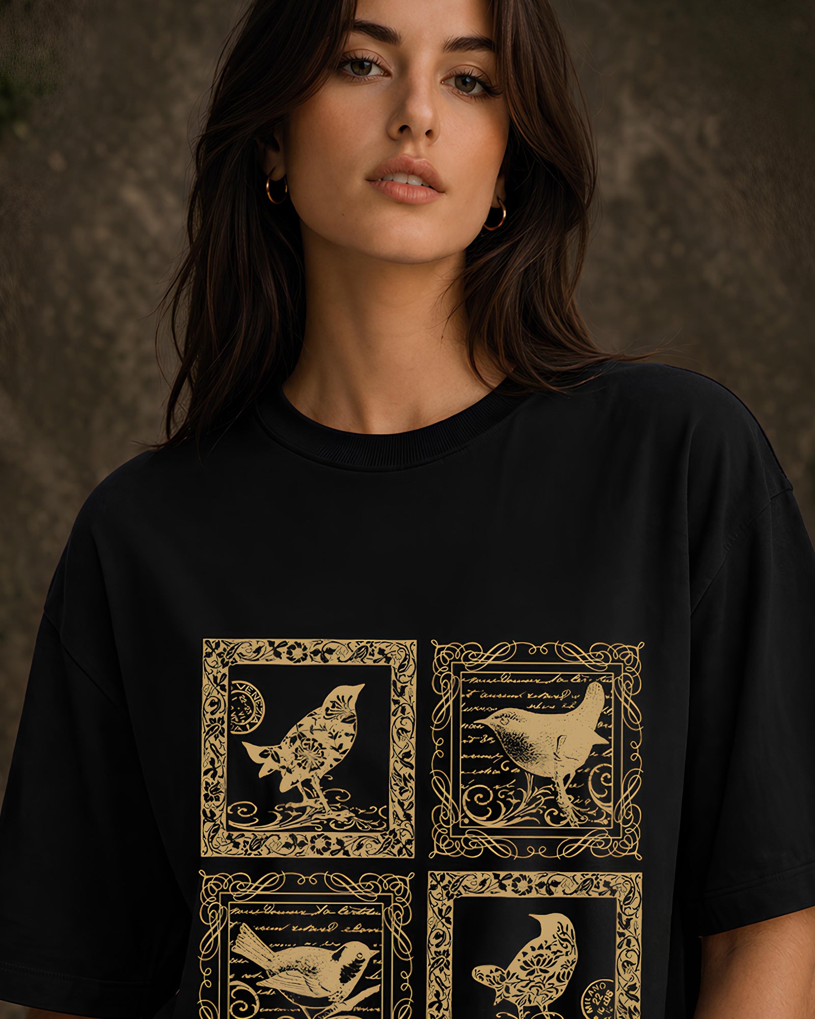 Feathered Frames Aesthetic Print - Oversized T-Shirt for Women