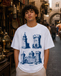 Monochrome Forts Aesthetic Print - Oversized T-Shirt for Men