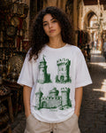 Monochrome Forts Aesthetic Print - Oversized T-Shirt for Women