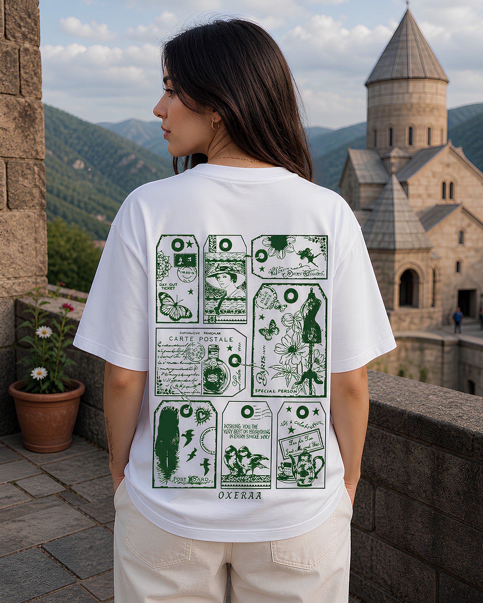 Postcard Memories Aesthetic Print - Oversized T-Shirt for Women