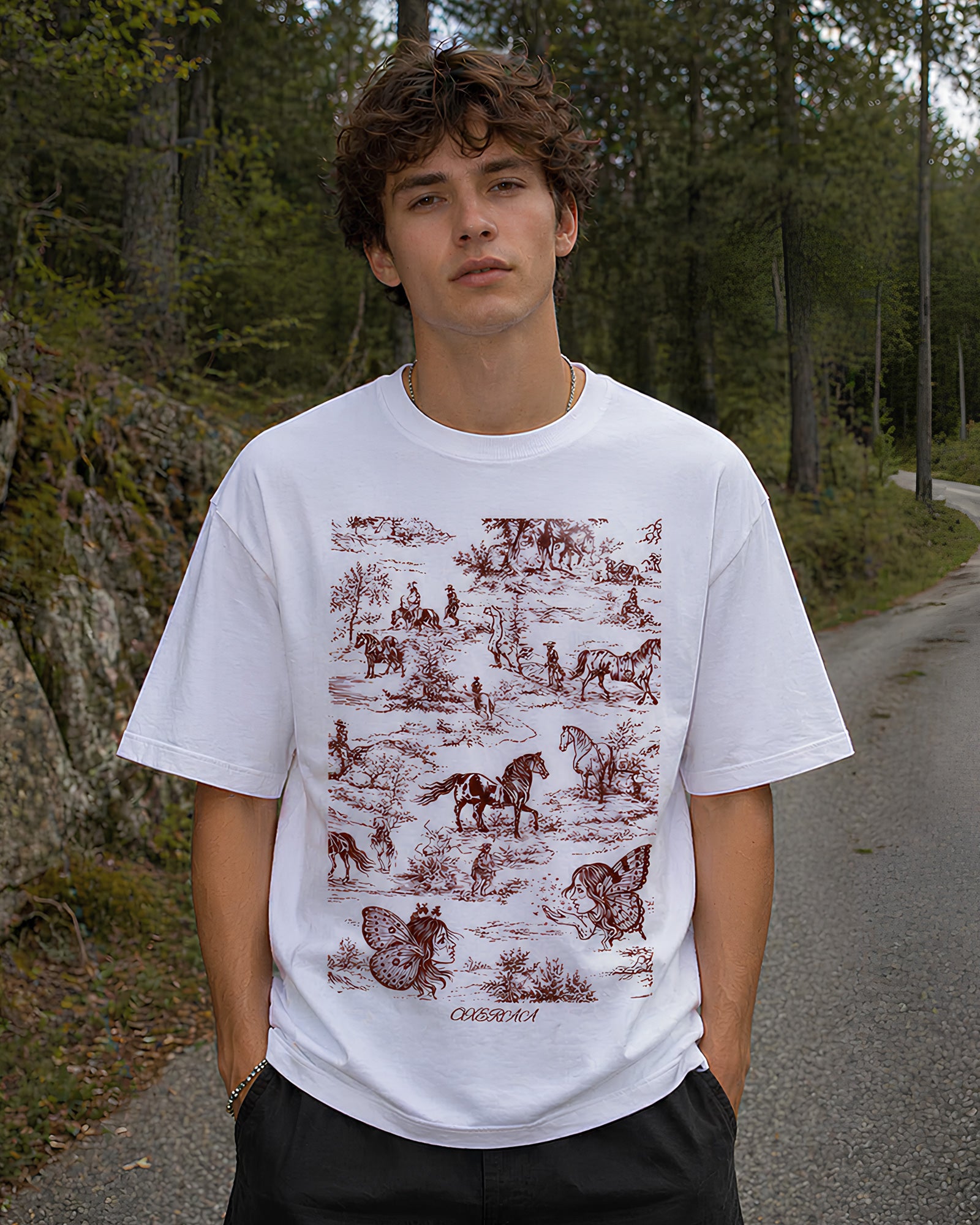 Western Toile Aesthetic Print - Oversized T-Shirt for Men