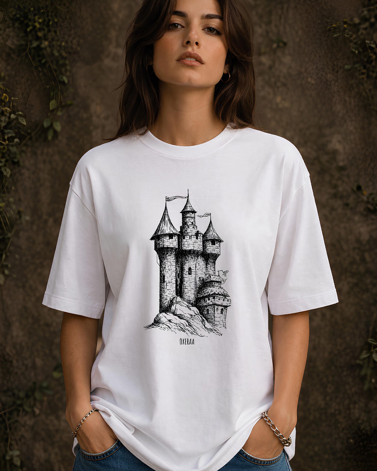 Whispering Tower Aesthetic Print - Oversized T-Shirt for Women