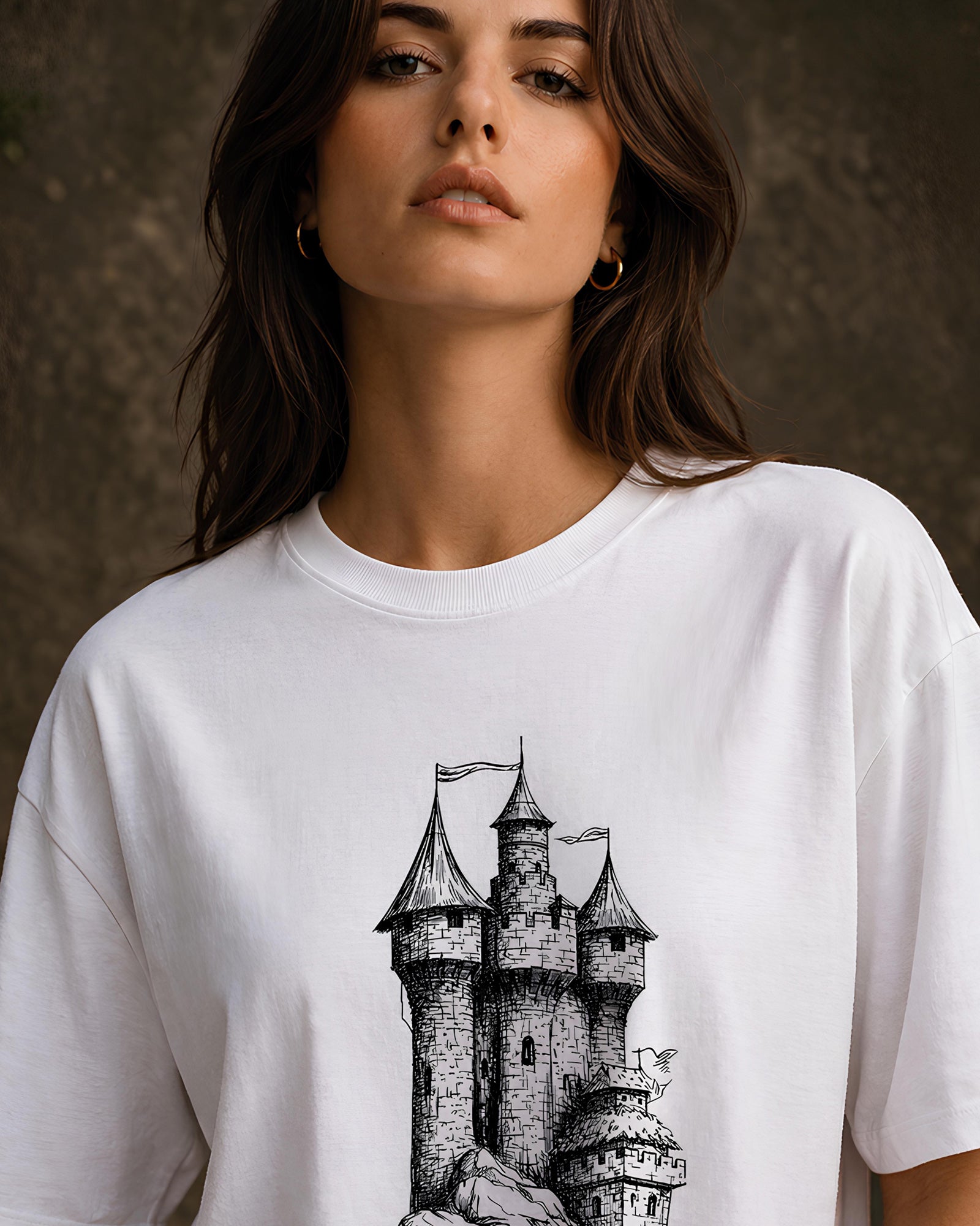 Whispering Tower Aesthetic Print - Oversized T-Shirt for Women