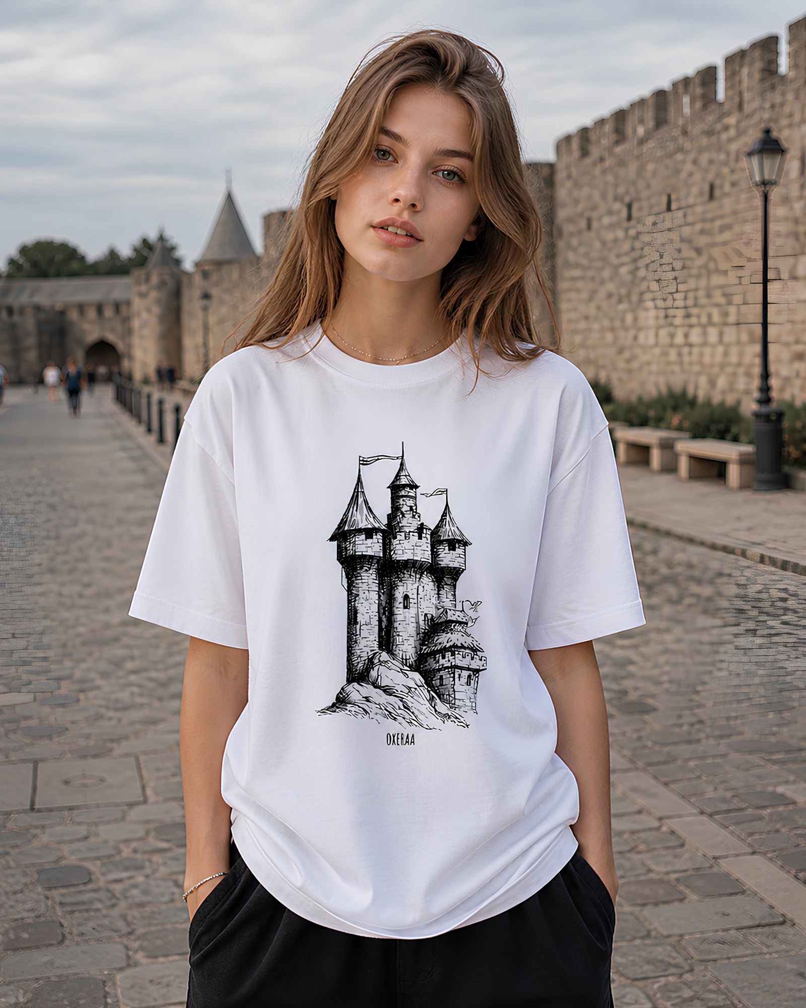 Whispering Tower Aesthetic Print - Oversized T-Shirt for Women